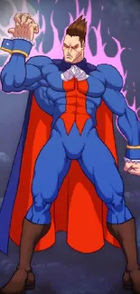 Powerful superhero with blue suit and red cape in a dynamic pose.