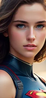 Heroic female character in blue suit with flowing hair and captivating gaze.