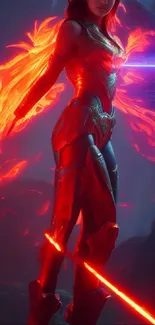 A warrior with fiery red armor and glowing elements in a mystical setting.