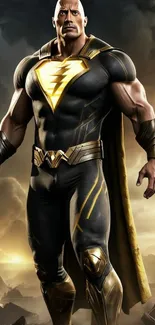 Superhero in dark costume with lightning chest symbol.