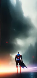 Lone hero in a foggy, futuristic cityscape with vibrant lighting.