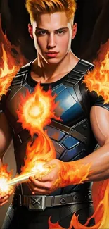 Superhero surrounded by vibrant orange flames in a dynamic pose.