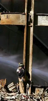 Firefighter standing next to steel beam amidst ruins.