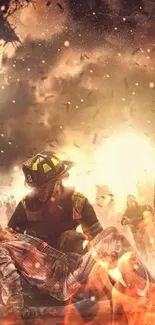 Heroic firefighter rescuing person in a fiery scene.