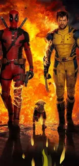 Superheroes walking through flames with dog.