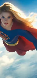 Superhero flying with cape through the sky.