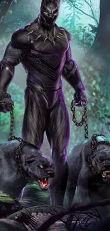 Superhero with panthers in a mystical forest wallpaper.