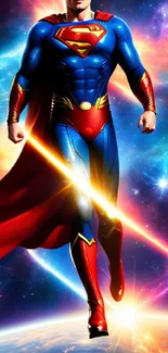 Heroic figure flies through vibrant cosmic galaxy, showcasing a superhero theme.