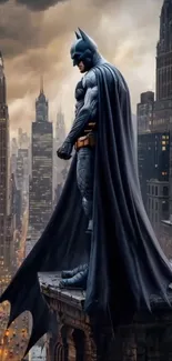 Hero stands vigilantly over a gothic city.