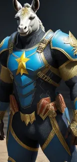 Fantasy horse warrior in blue and gold armor standing heroically.