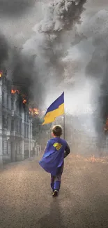 Child walks with flag amidst flaming buildings on a deserted street.