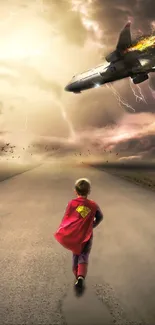 Child in cape races towards burning plane in apocalyptic storm.