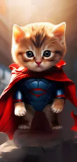 A cute kitten dressed as a superhero with a red cape in dramatic lighting.