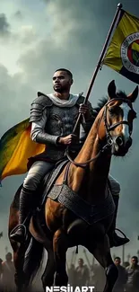 A heroic knight riding a horse, holding a colorful flag with a dramatic sky.