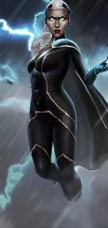 Heroic woman in black suit wielding lightning.