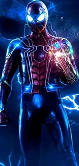 Superhero stands amidst vibrant lightning on a dark blue background.