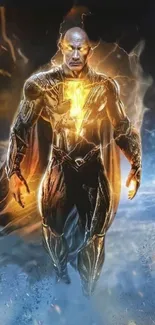 Superhero in lightning costume with cosmic background, glowing with energy.