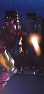 Metal hero in action against a lit cityscape at night.