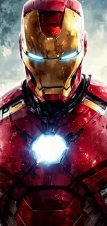 Dynamic iron-suited hero with glowing eyes and vibrant colors.