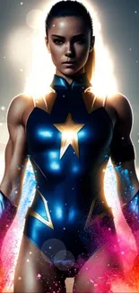 Heroic figure in starry blue suit with colorful effects, mobile wallpaper.