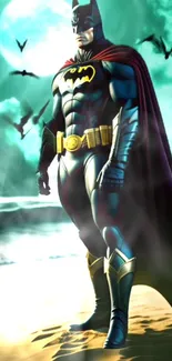 Superhero stands on a moonlit beach with ocean waves and bats flying overhead.