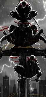 Dynamic ninja silhouettes with red accents in a stormy urban setting.