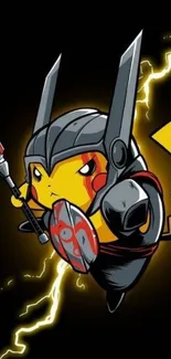 Pikachu wearing armor with lightning on black background.