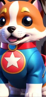 Adorable puppy in superhero costume with blue cape on mobile wallpaper.