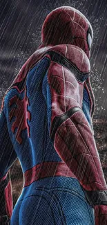 Superhero in rain with dramatic blue and red colors on a stormy background.