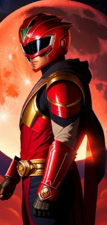 Superhero in front of vibrant red moon, cosmic theme wallpaper.