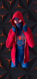 Spider superhero in red hoodie against patterned background.