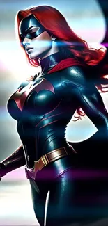 Mobile wallpaper of a heroic redhead superhero in dynamic pose.