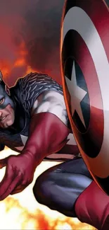 Superhero holding a shield with a star, leaping through fire in action-packed scene.