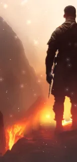 Hero silhouette against a fiery volcanic backdrop with glowing embers.