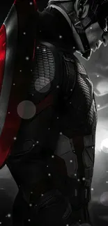 Heroic figure with red shield in high-contrast dark theme.