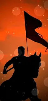 Silhouette of rider with flag against sunset.