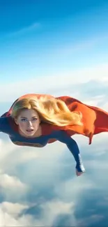 Superhero flying above clouds in the sky.