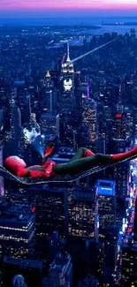 Superhero in a relaxed pose above a night city skyline.