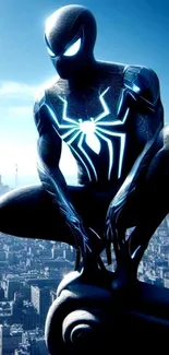 Superhero perched above a city skyline with dark blues and vibrant highlights.