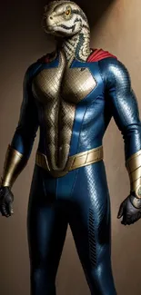 Heroic snake-headed superhero in blue and gold suit wallpaper.