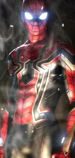 Spider-Man in detailed armor with glowing eyes and smoky background.