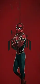 Dynamic superhero in iconic red suit on bold background.