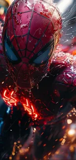 Spider-Man in action with detailed suit and urban backdrop.