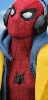 Red-suited superhero with headphones in a blue and yellow outfit.