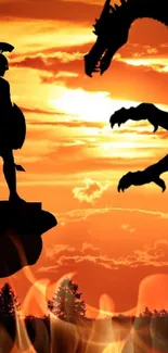 Epic sunset battle between a hero and dragon silhouette.