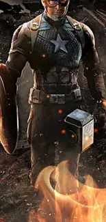 Superhero with shield and hammer in epic scene.