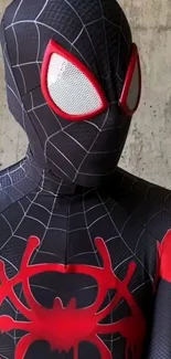 Superhero in black and red suit with web patterns and dynamic stance.