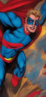 Superhero in blue suit with red cape boldly flying through a colorful backdrop.