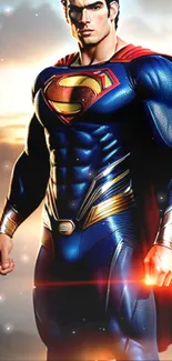 Superhero in blue armor and red cape against dramatic sky wallpaper.