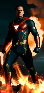 Superhero stands heroically amidst fiery background on mobile wallpaper.